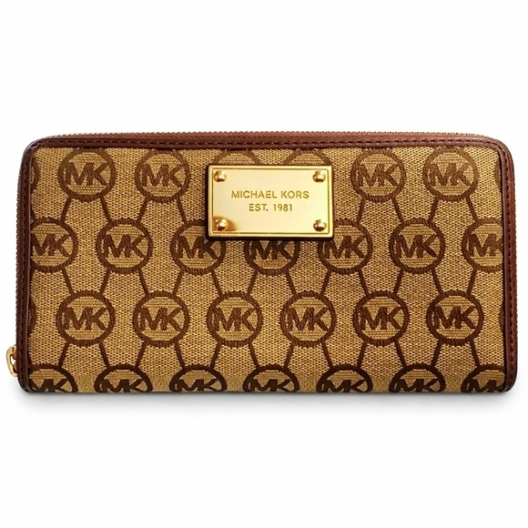 Michael Kors Handbags - ✨ Michael Kors Jet Set Travel Zip Around Wallet | MK Signature Monogram Brown